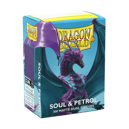 A purple and teal dragon themed Dragon Shield Soul & Petrol Matte Dual Sleeves deck box.