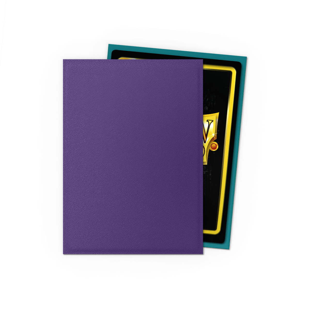 A purple matte dual sleeve with a glimpse of a card inside. Brand: Soul & Petrol, Item: Matte Dual Sleeves.