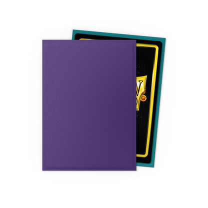 A purple matte dual sleeve with a glimpse of a card inside. Brand: Soul & Petrol, Item: Matte Dual Sleeves.