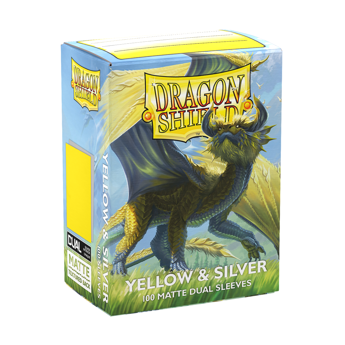 A Yellow & Silver Matte Dual Sleeves deck box. Brand: Dragon Shield, Item: Yellow & Silver - Matte Dual Sleeves.