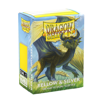 A Yellow & Silver Matte Dual Sleeves deck box. Brand: Dragon Shield, Item: Yellow & Silver - Matte Dual Sleeves.
