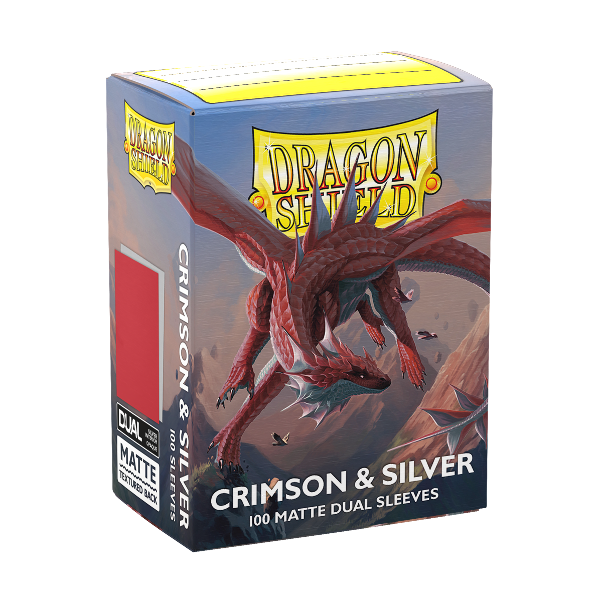 A Crimson & Silver Matte Dual Sleeves deck box. Brand: Dragon Shield, Item: Crimson & Silver - Matte Dual Sleeves.