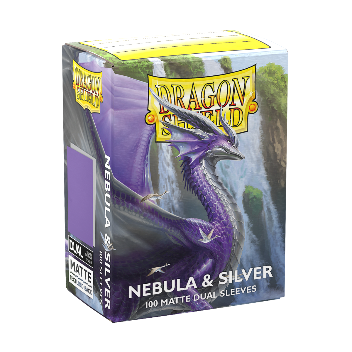 A purple and silver Dragon Shield Matte Dual Sleeves deck box featuring a dragon and waterfalls. Brand: Dragon Shield, Item: Nebula & Silver - Matte Dual Sleeves.
