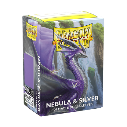 A purple and silver Dragon Shield Matte Dual Sleeves deck box featuring a dragon and waterfalls. Brand: Dragon Shield, Item: Nebula & Silver - Matte Dual Sleeves.