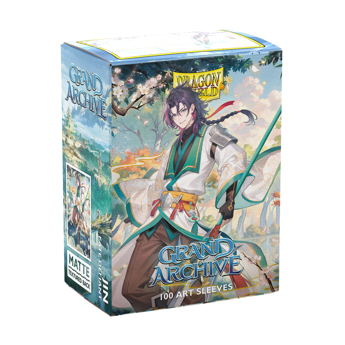 A matte art card sleeve box featuring the character Jin from Grand Archive: Fate Defiant. Brand: Dragon Shield, Item: Grand Archive - Jin: Fate Defiant - Matte Art Sleeves.