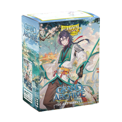 A matte art card sleeve box featuring the character Jin from Grand Archive: Fate Defiant. Brand: Dragon Shield, Item: Grand Archive - Jin: Fate Defiant - Matte Art Sleeves.