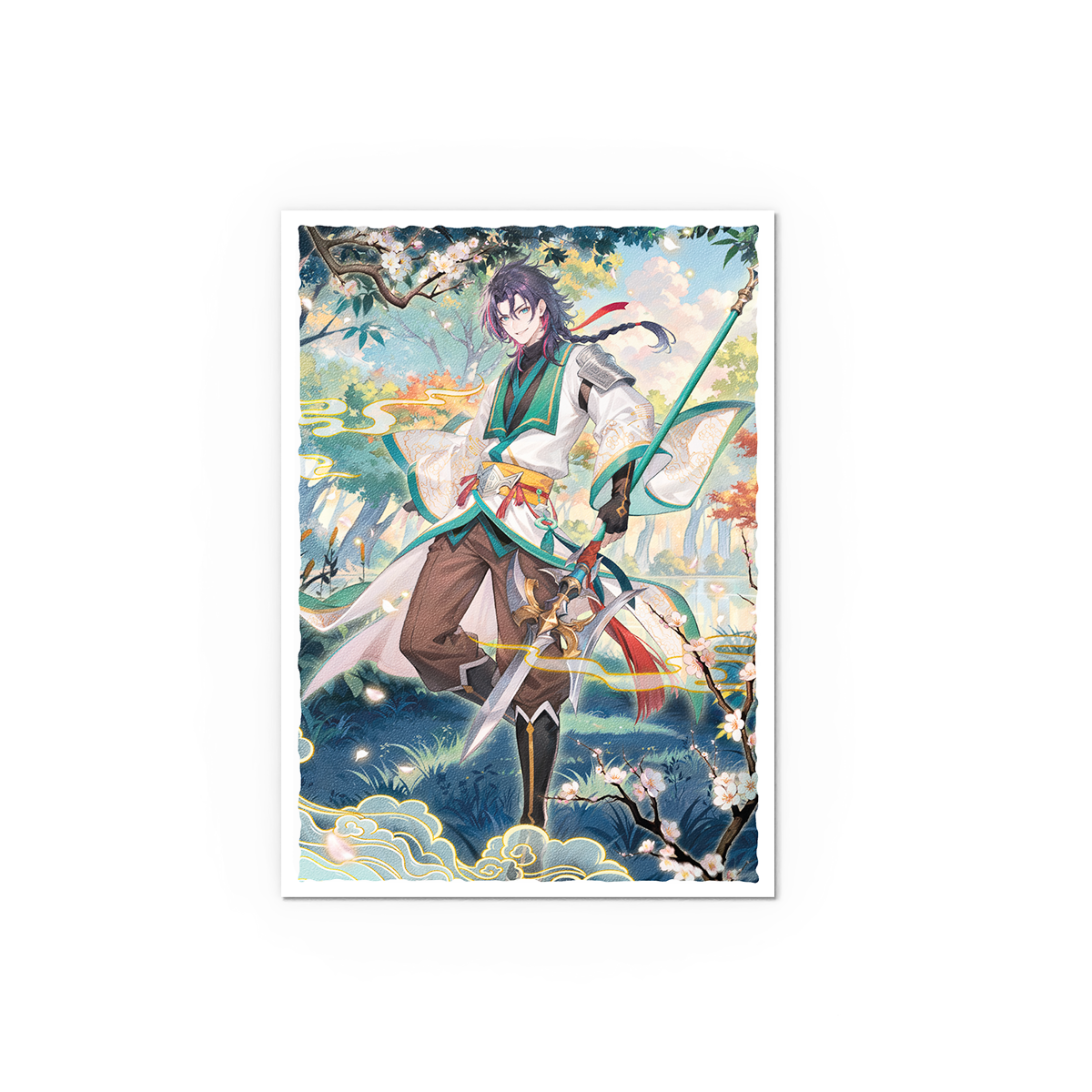 A Jin: Fate Defiant Matte Art Sleeve featuring a male anime character with dark hair and a green and white outfit, holding a staff, surrounded by cherry blossoms and a serene landscape. Brand: Grand Archive, Item: Jin: Fate Defiant - Matte Art Sleeves.