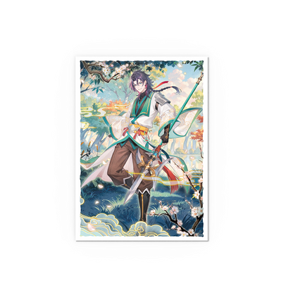 A Jin: Fate Defiant Matte Art Sleeve featuring a male anime character with dark hair and a green and white outfit, holding a staff, surrounded by cherry blossoms and a serene landscape. Brand: Grand Archive, Item: Jin: Fate Defiant - Matte Art Sleeves.