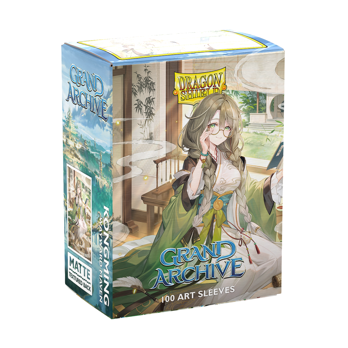 A matte textured back Grand Archive deck box featuring Kongming: Wayward Maven artwork. Brand: Dragon Shield, Item: 100 Art Sleeves.