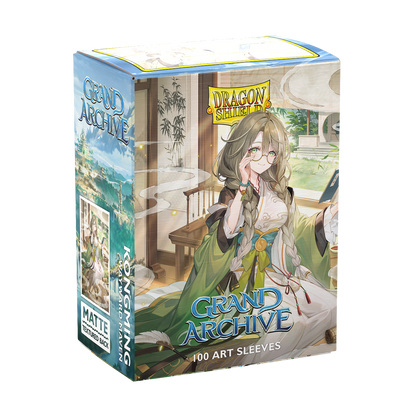 A matte textured back Grand Archive deck box featuring Kongming: Wayward Maven artwork. Brand: Dragon Shield, Item: 100 Art Sleeves.