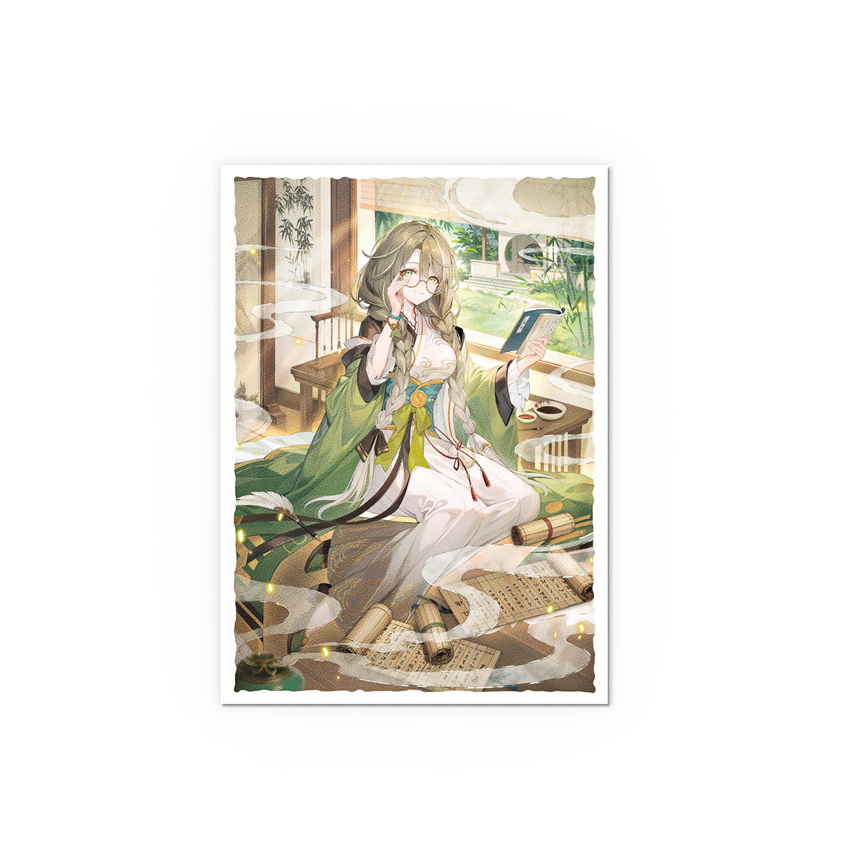A green and white anime-style art sleeve featuring Kongming: Wayward Maven. Brand: Grand Archive, Item: Kongming: Wayward Maven - Matte Art Sleeves.