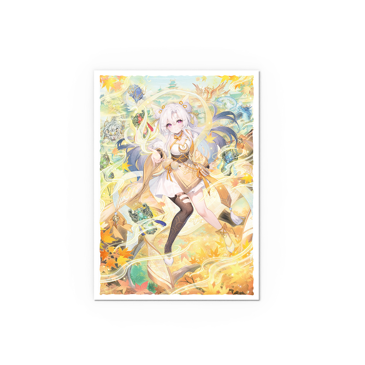 A white and gold anime-style art sleeve featuring Guo Jia from Grand Archive. Brand: Unknown, Item: Grand Archive - Guo Jia: Heaven s Favored - Matte Art Sleeves.