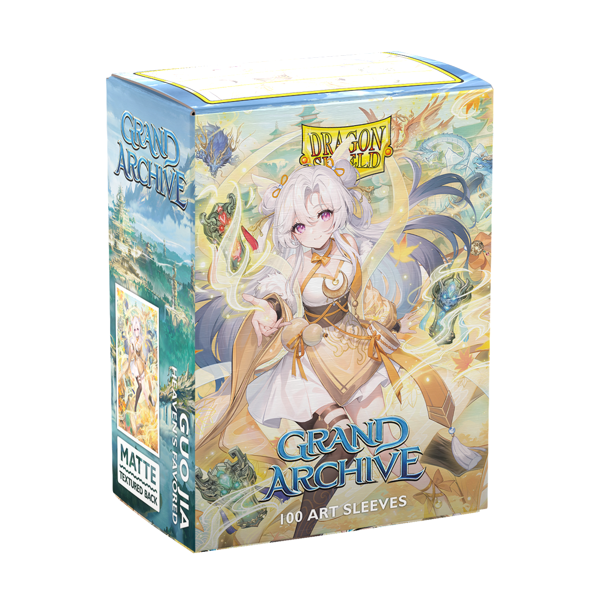 A matte art card sleeve box featuring Guo Jia: Heaven's Favored from Grand Archive. Brand: Dragon Shield, Item: 100 Art Sleeves.