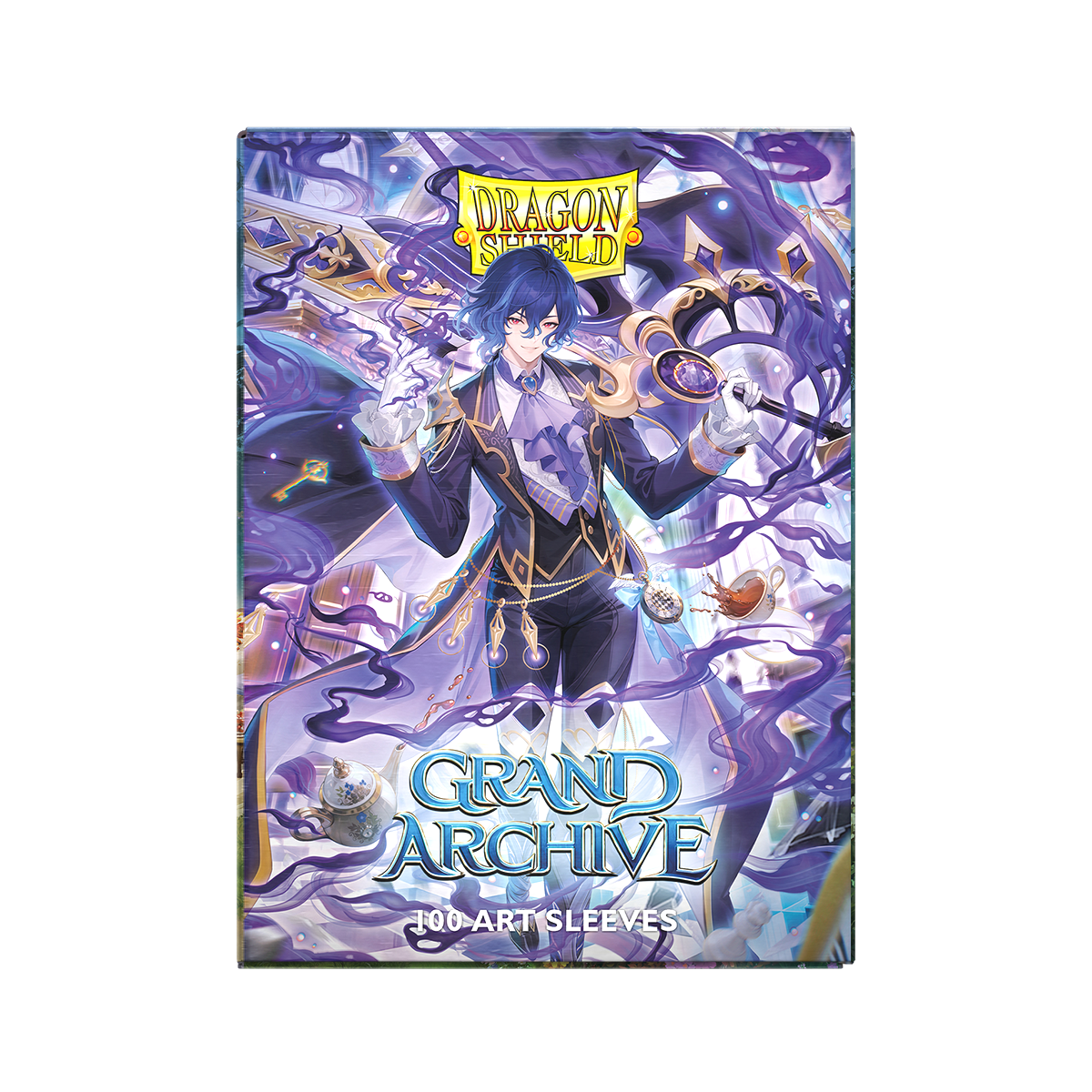 A purple and blue anime-style art sleeve featuring a male character in a suit. Brand: Dragon Shield, Item: Grand Archive - Ciel, Mirage's Grave - Matte Dual Art Sleeves.