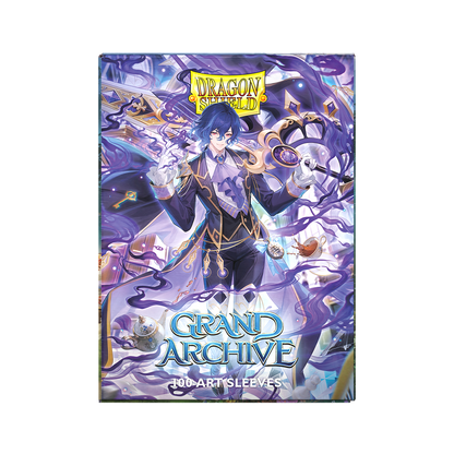 A purple and blue anime-style art sleeve featuring a male character in a suit. Brand: Dragon Shield, Item: Grand Archive - Ciel, Mirage's Grave - Matte Dual Art Sleeves.