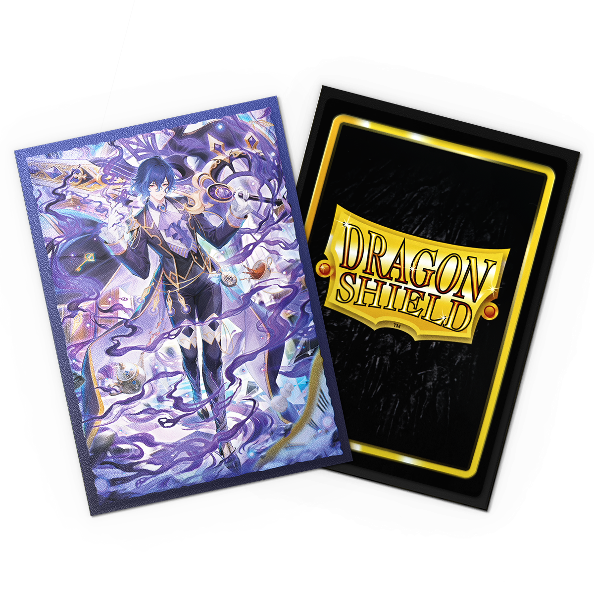A blue and purple anime-style card sleeve featuring a character with dark hair and a suit, surrounded by swirling purple energy. The back of the sleeve shows the Dragon Shield logo. Brand: Dragon Shield, Item: Grand Archive - Ciel, Mirage's Grave - Matte Dual Art Sleeves.