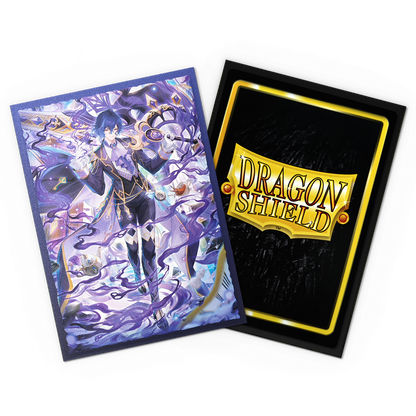 A blue and purple anime-style card sleeve featuring a character with dark hair and a suit, surrounded by swirling purple energy. The back of the sleeve shows the Dragon Shield logo. Brand: Dragon Shield, Item: Grand Archive - Ciel, Mirage's Grave - Matte Dual Art Sleeves.