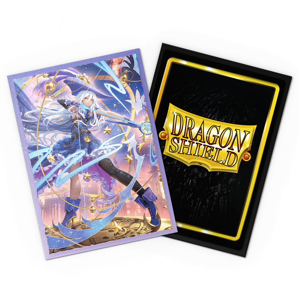 A purple and blue illustrated card sleeve featuring Diana, Moonpiercer. Brand: Dragon Shield, Item: Grand Archive - Diana, Moonpiercer - Matte Dual Art Sleeves.