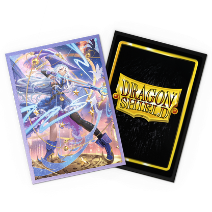 A purple and blue illustrated card sleeve featuring Diana, Moonpiercer. Brand: Dragon Shield, Item: Grand Archive - Diana, Moonpiercer - Matte Dual Art Sleeves.