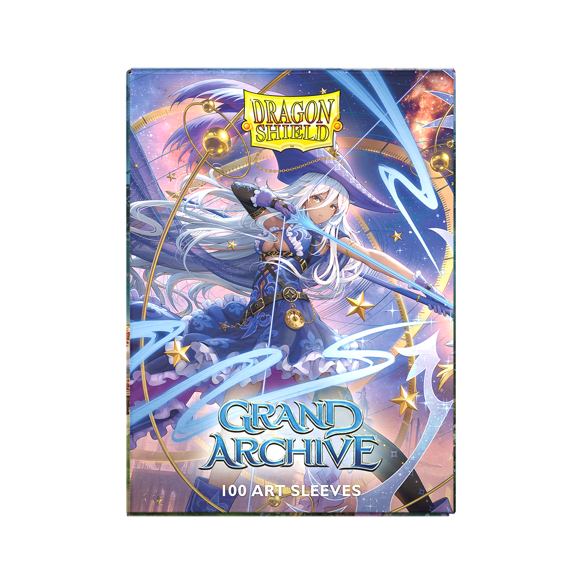 A blue and purple art sleeve featuring Diana, Moonpiercer from Grand Archive. Brand: Dragon Shield, Item: Grand Archive - Diana, Moonpiercer - Matte Dual Art Sleeves.