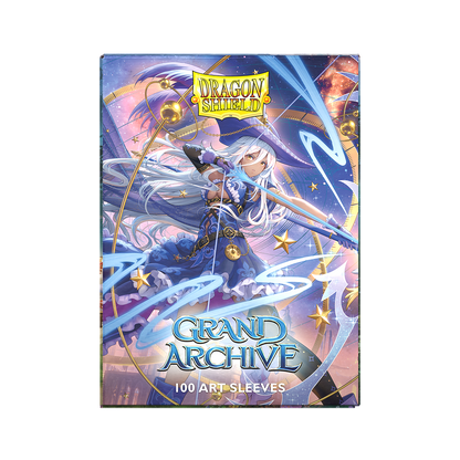 A blue and purple art sleeve featuring Diana, Moonpiercer from Grand Archive. Brand: Dragon Shield, Item: Grand Archive - Diana, Moonpiercer - Matte Dual Art Sleeves.