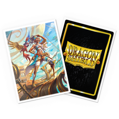 A Matte Art Puffin: Hightail card sleeve featuring a female pirate and a parrot on a ship. Brand: Dragon Shield, Item: Puffin: Hightail - Matte Art Sleeves.