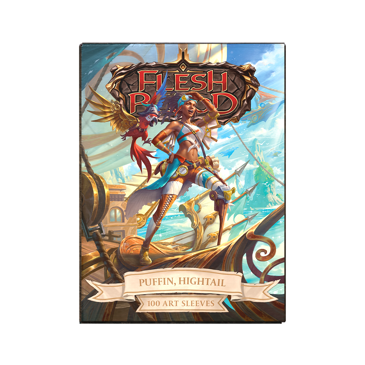 A vibrant illustration of Puffin, Hightail on a ship deck. Brand: Flesh and Blood, Item: Puffin, Hightail - 100 Art Sleeves.