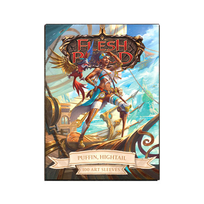 A vibrant illustration of Puffin, Hightail on a ship deck. Brand: Flesh and Blood, Item: Puffin, Hightail - 100 Art Sleeves.
