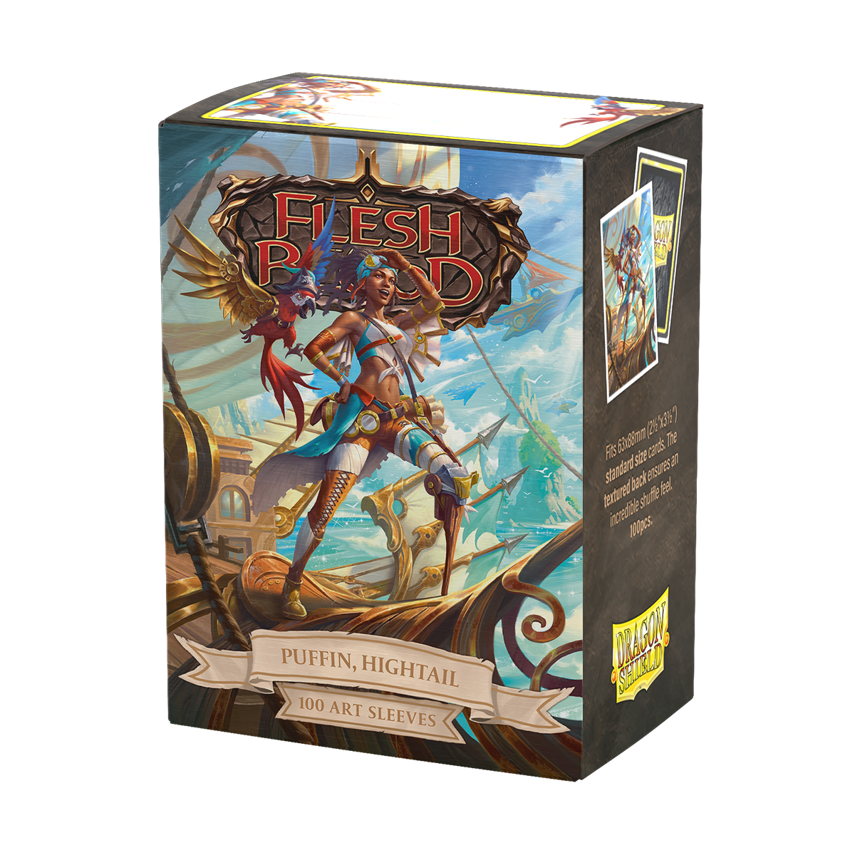 A colorful Flesh and Blood Puffin, Hightail art sleeves deck box. Brand: Dragon Shield, Item: Puffin, Hightail - Matte Art Sleeves.