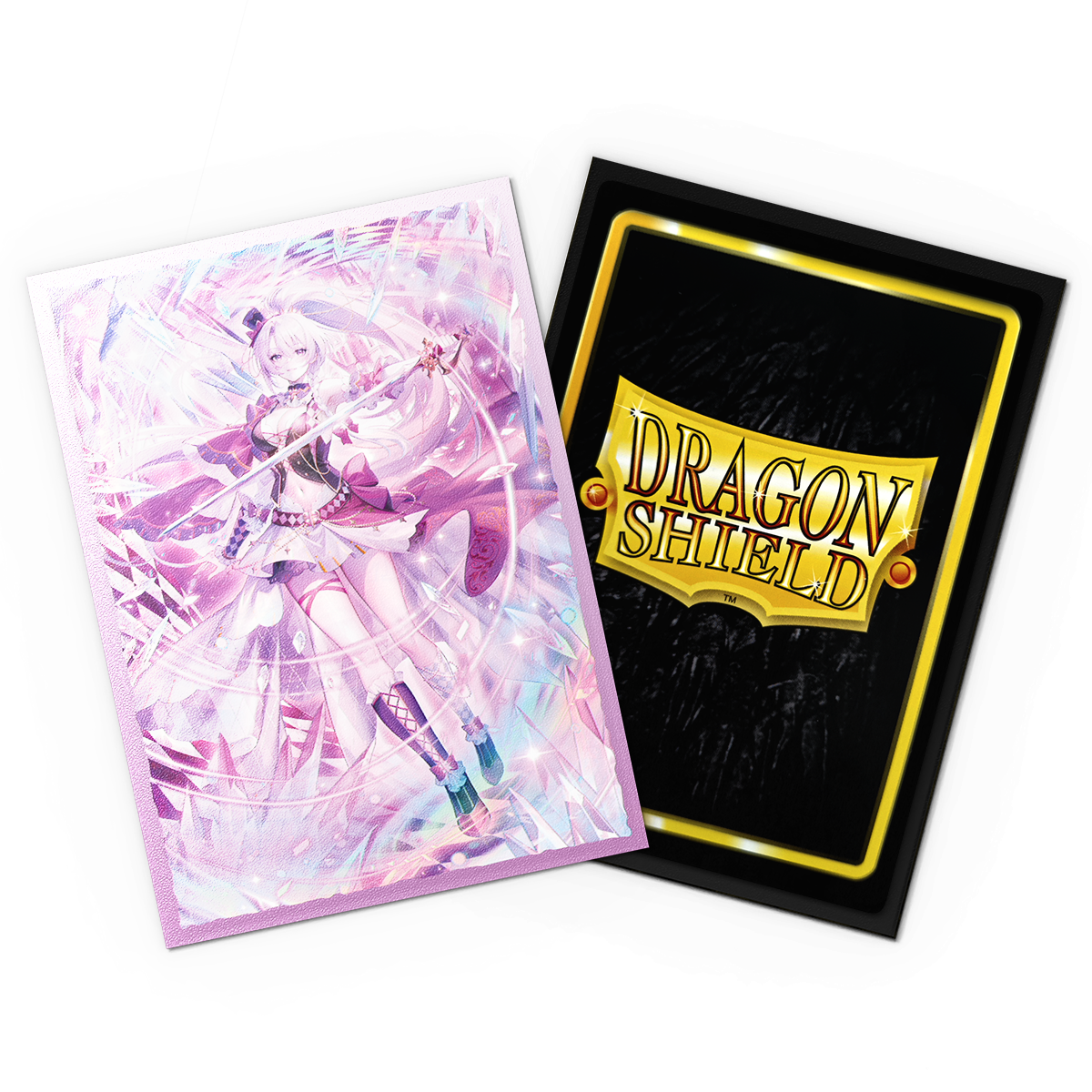 A pink and purple anime-style card sleeve featuring Merlin Veritor, with a black Dragon Shield card sleeve on the right. Brand: Dragon Shield, Item: Grand Archive - Merlin Veritor - Matte Dual Art Sleeves.