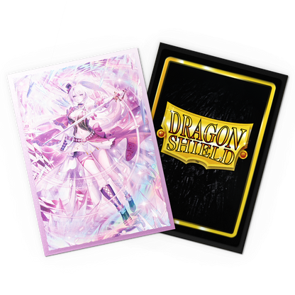 A pink and purple anime-style card sleeve featuring Merlin Veritor, with a black Dragon Shield card sleeve on the right. Brand: Dragon Shield, Item: Grand Archive - Merlin Veritor - Matte Dual Art Sleeves.