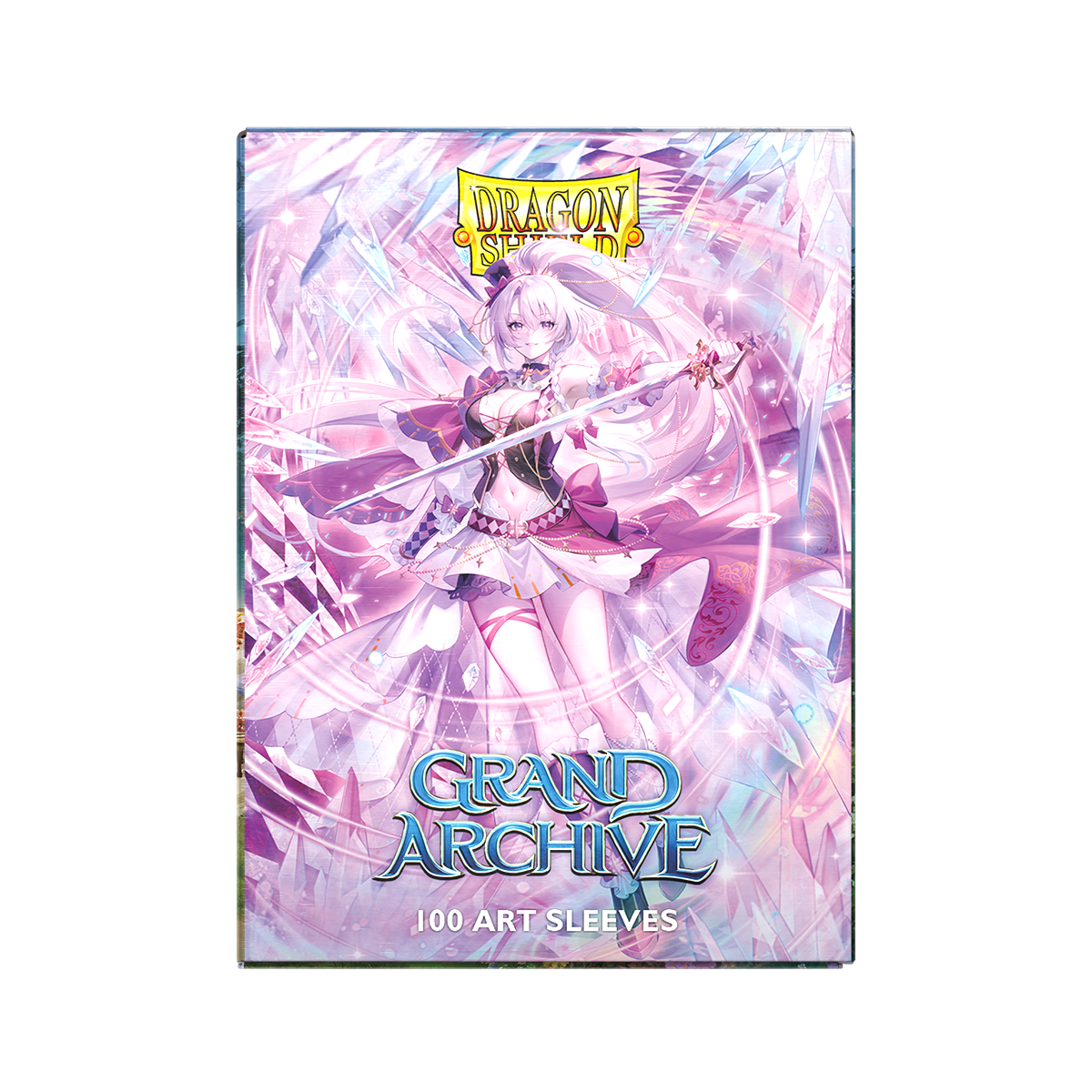 A pink and purple anime-style art sleeve featuring Merlin Veritor. Brand: Dragon Shield, Item: Grand Archive - Merlin Veritor - Matte Dual Art Sleeves.