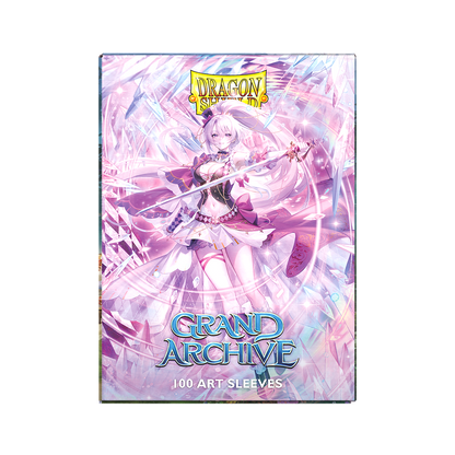 A pink and purple anime-style art sleeve featuring Merlin Veritor. Brand: Dragon Shield, Item: Grand Archive - Merlin Veritor - Matte Dual Art Sleeves.