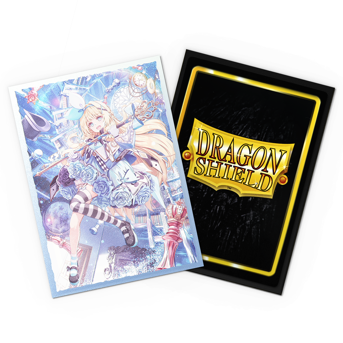 A blue and white anime-style card sleeves featuring Alice Orleane. Brand: Dragon Shield, Item: Grand Archive - Alice Orleane - Matte Dual Art Sleeves.