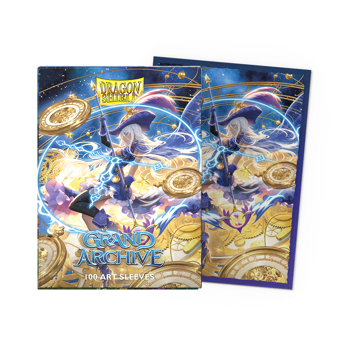 A blue and gold Dragon Shield Grand Archive - Chronowarp - Matte Dual Art Sleeves featuring a witch character and clockwork designs.