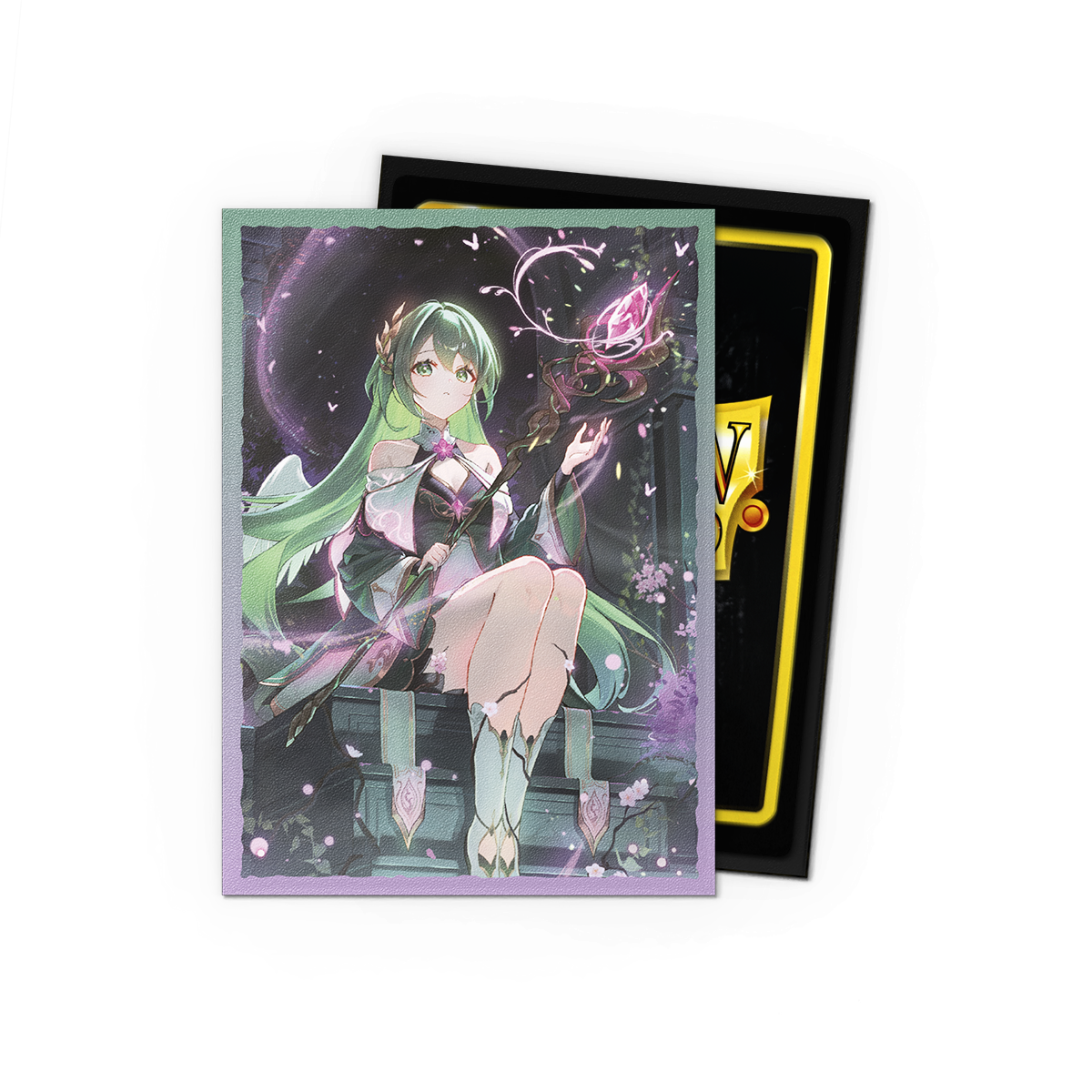 A green and purple anime-style card sleeve featuring Ariel, Archangel of Natura. Brand: Grand Archive, Item: Ariel, Archangel of Natura - Matte Dual Art Sleeves.