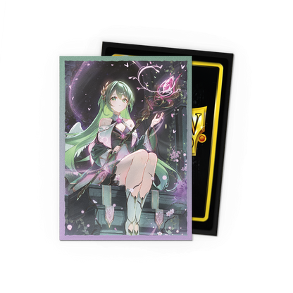 A green and purple anime-style card sleeve featuring Ariel, Archangel of Natura. Brand: Grand Archive, Item: Ariel, Archangel of Natura - Matte Dual Art Sleeves.