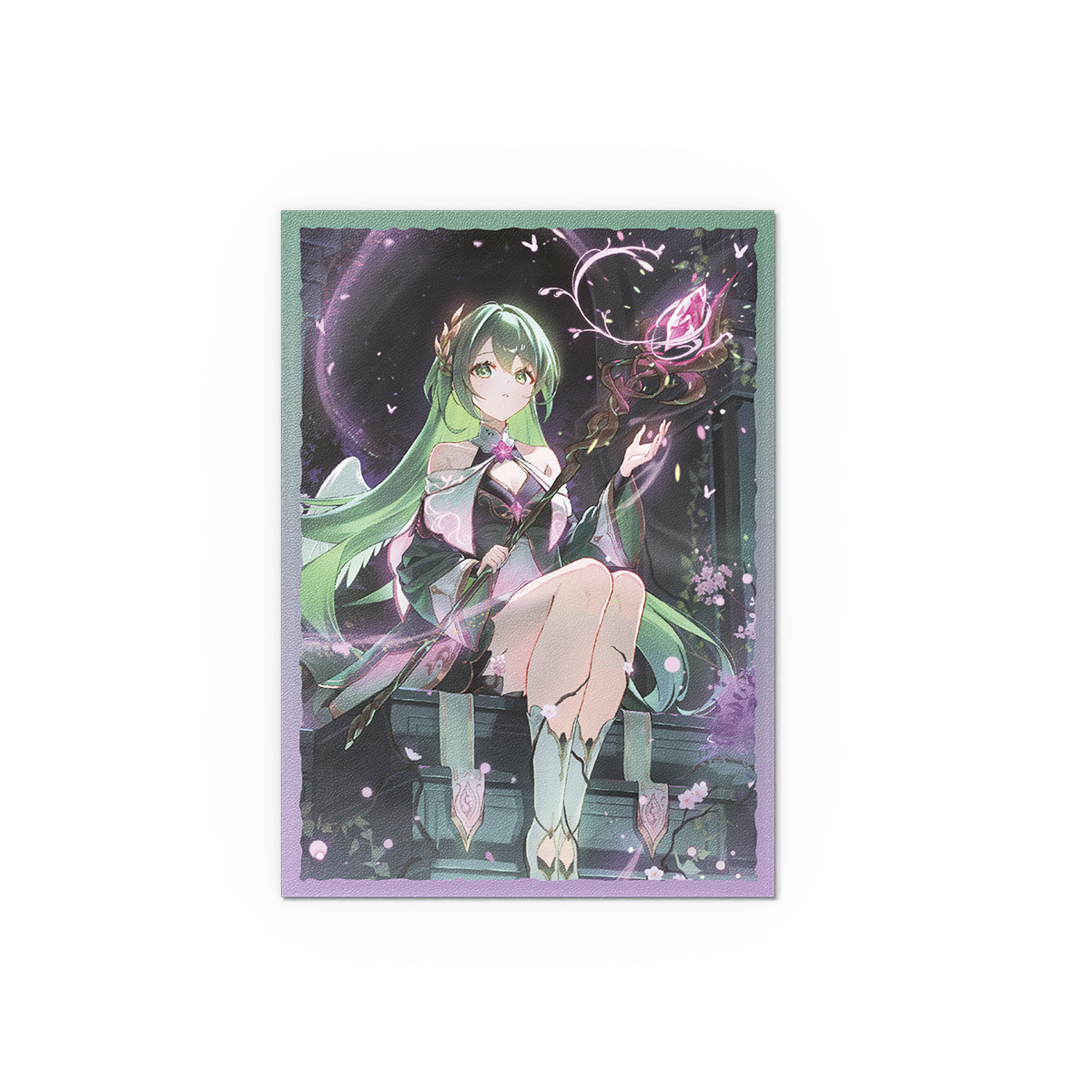 A green and purple anime-style card sleeve featuring Ariel, Archangel of Natura. Brand: Grand Archive, Item: Ariel, Archangel of Natura - Matte Dual Art Sleeves.