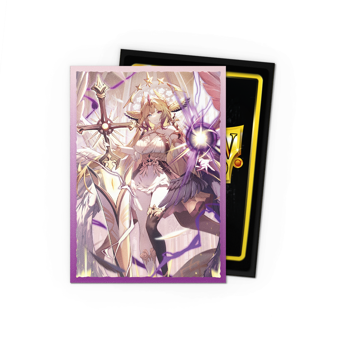 A purple-bordered anime-style card sleeve featuring Haniel, Archangel of Spectra. Brand: Grand Archive, Item: Haniel, Archangel of Spectra - Matte Dual Art Sleeves.