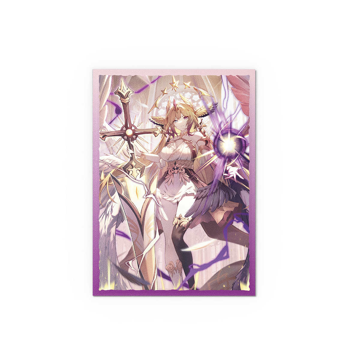 A purple-bordered card sleeve featuring the anime character Haniel, Archangel of Spectra, holding a cross and surrounded by light and dark energy.
