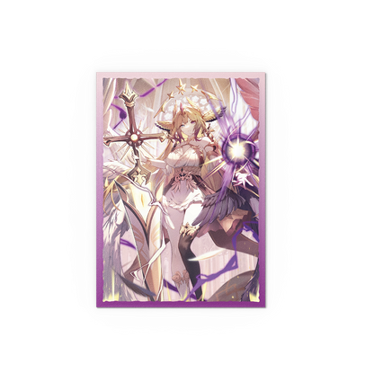A purple-bordered card sleeve featuring the anime character Haniel, Archangel of Spectra, holding a cross and surrounded by light and dark energy.