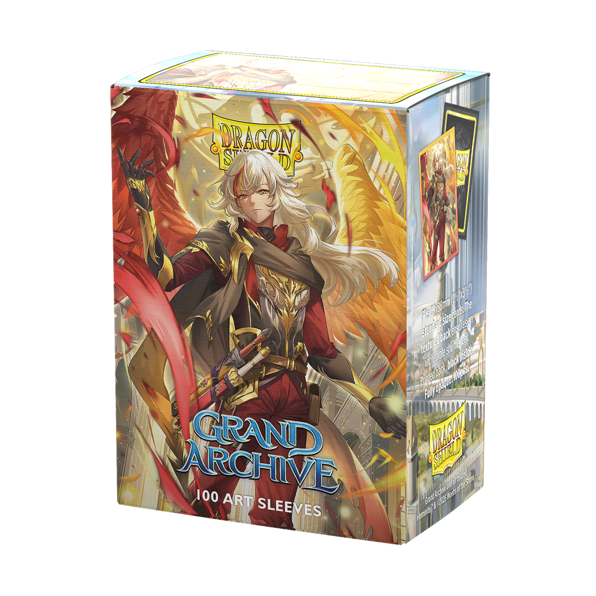 A matte dual art deck box featuring Azrael, Archangel of Materia. Brand: Dragon Shield, Item: Grand Archive - Azrael, Archangel of Materia - Matte Dual Art Sleeves.
