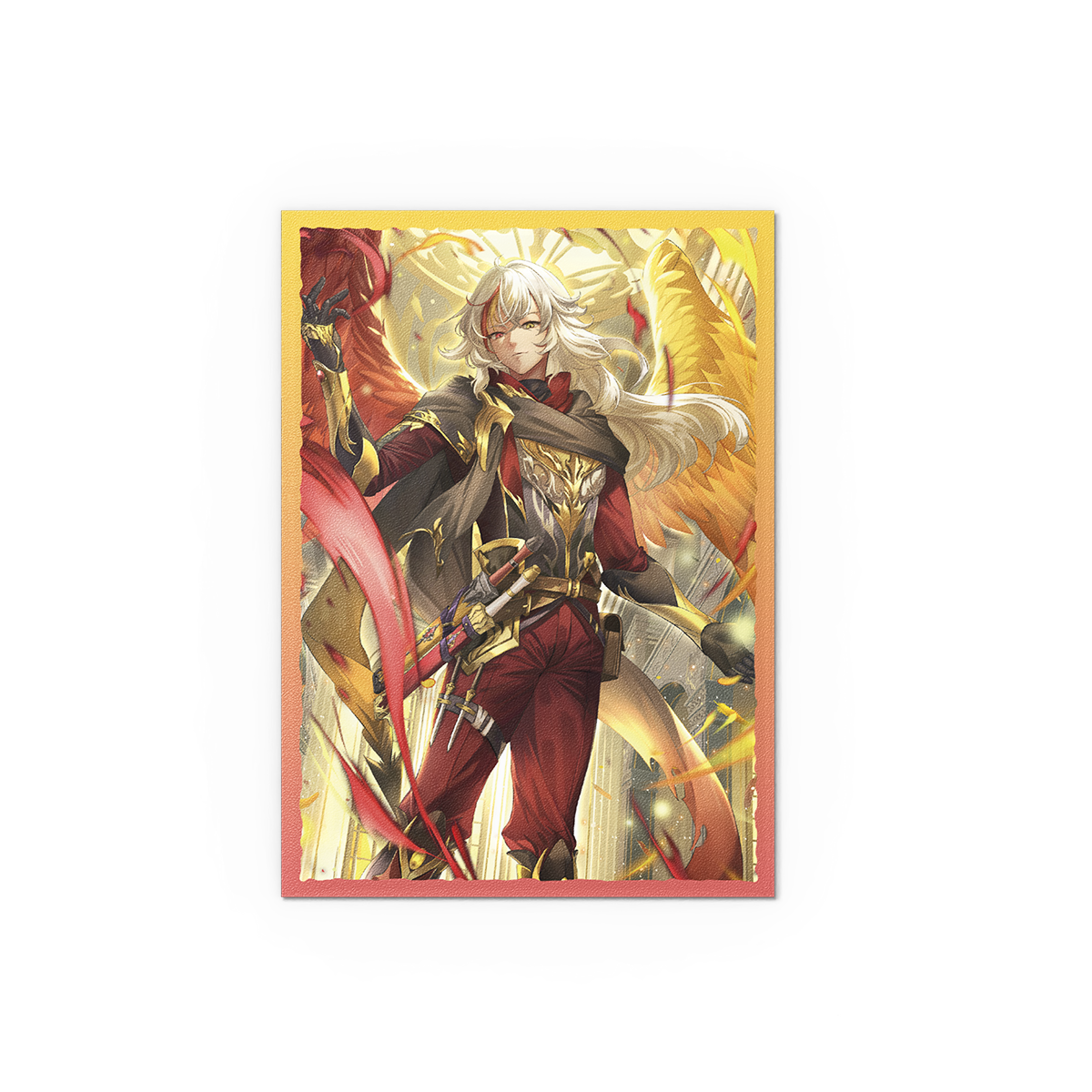 A red and gold anime-style card sleeve featuring Azrael, Archangel of Materia. Brand: Grand Archive, Item: Azrael, Archangel of Materia - Matte Dual Art Sleeves.