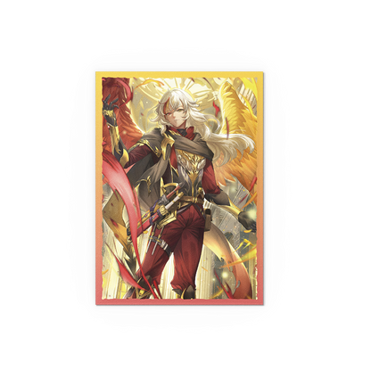 A red and gold anime-style card sleeve featuring Azrael, Archangel of Materia. Brand: Grand Archive, Item: Azrael, Archangel of Materia - Matte Dual Art Sleeves.