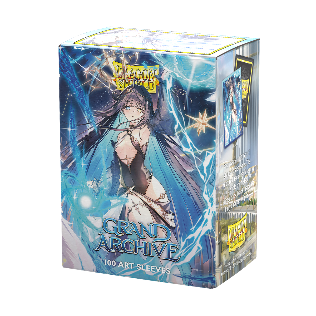 A blue and white anime-style art sleeve box for Dragon Shield Grand Archive - Raziel, Archangel of Libra.