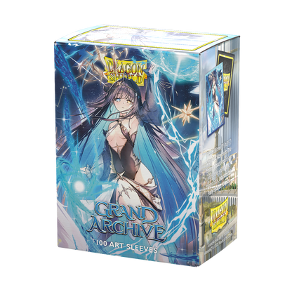 A blue and white anime-style art sleeve box for Dragon Shield Grand Archive - Raziel, Archangel of Libra.