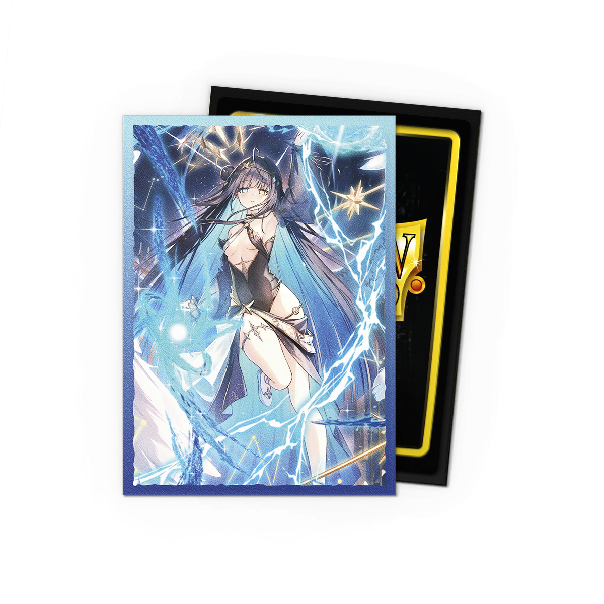 A blue anime-style card sleeves featuring Raziel, Archangel of Libra. Brand: Grand Archive, Item: Raziel, Archangel of Libra - Matte Dual Art Sleeves.