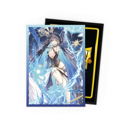 A blue anime-style card sleeves featuring Raziel, Archangel of Libra. Brand: Grand Archive, Item: Raziel, Archangel of Libra - Matte Dual Art Sleeves.