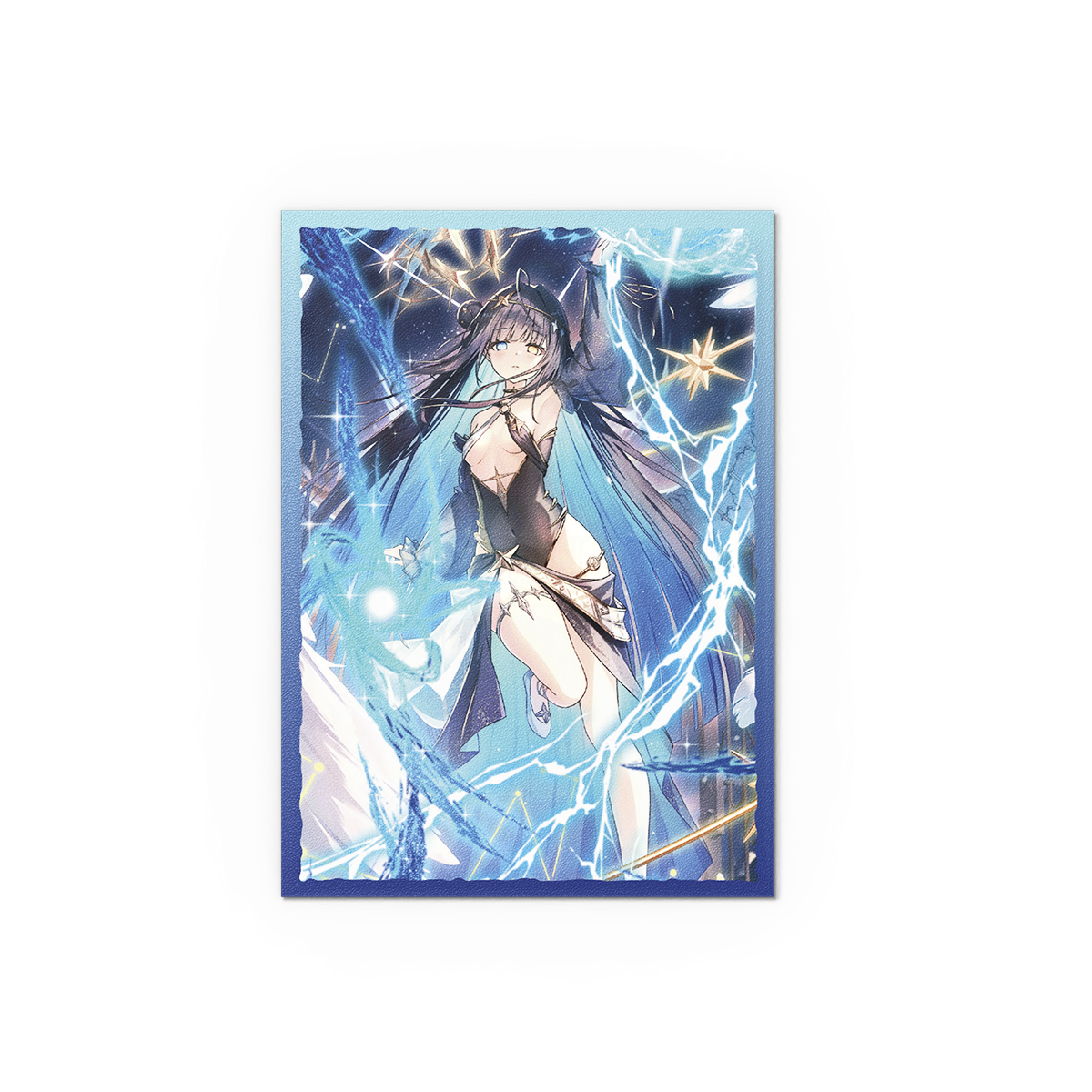 A blue and white anime-style card sleeve featuring Raziel, Archangel of Libra. Brand: Grand Archive, Item: Raziel, Archangel of Libra - Matte Dual Art Sleeves.