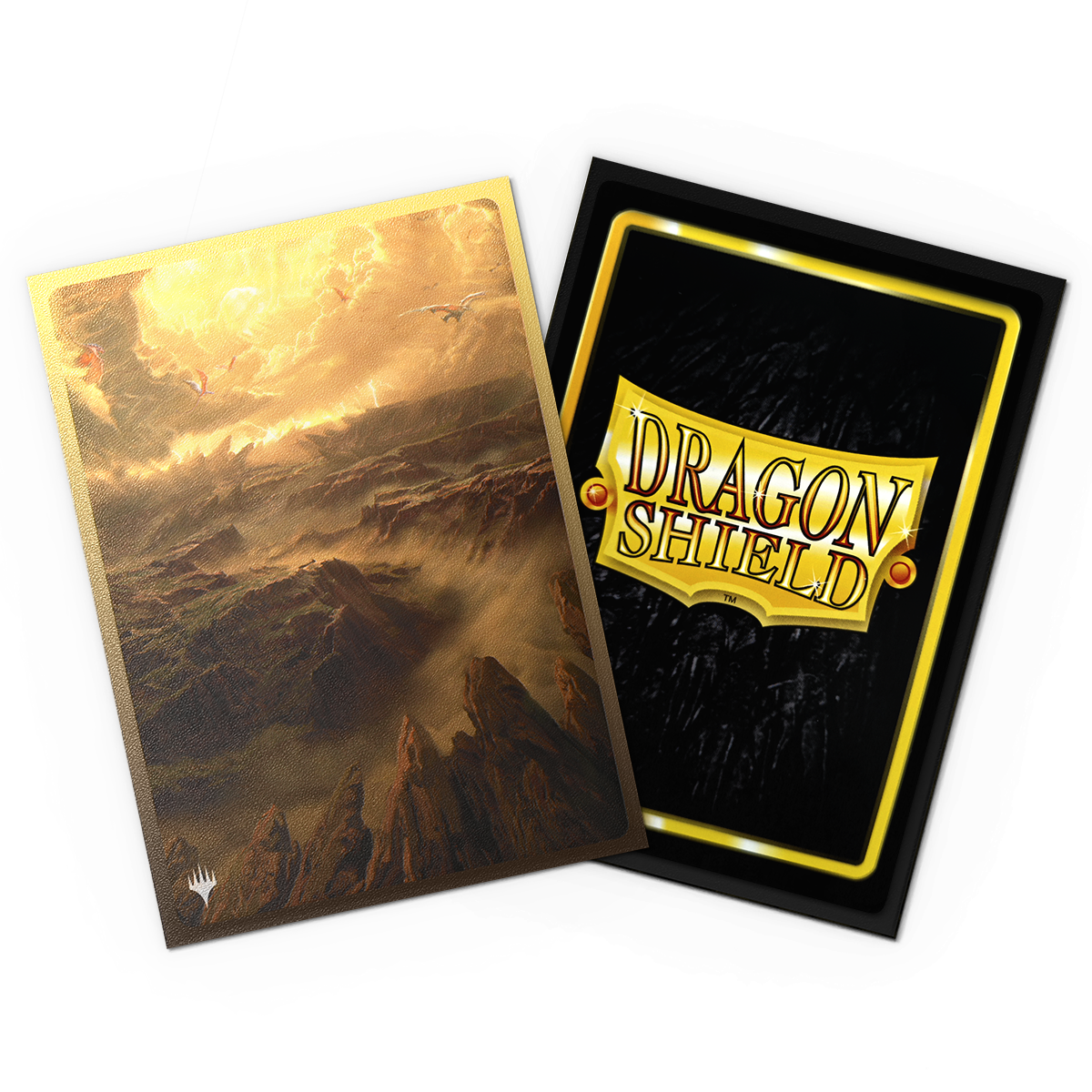 A gold-bordered Magic: The Gathering Arid Mesa matte dual art card sleeve. Brand: Dragon Shield, Item: Landfall Series - Arid Mesa - Matte Dual Art Sleeves.